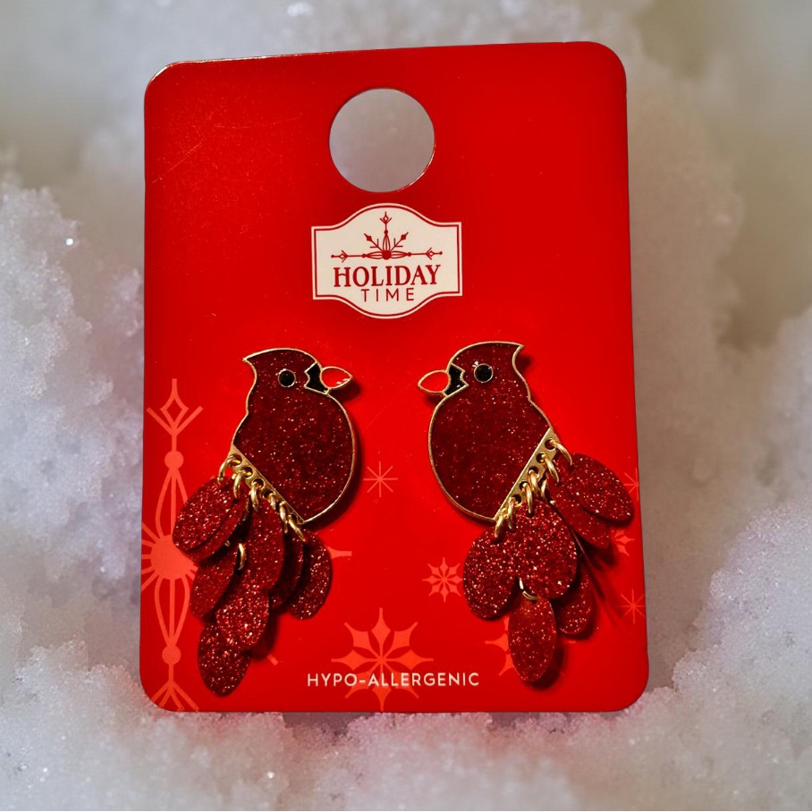 Christmas Earrings Holiday Time Glittery Red Cardinal Earrings Nwt